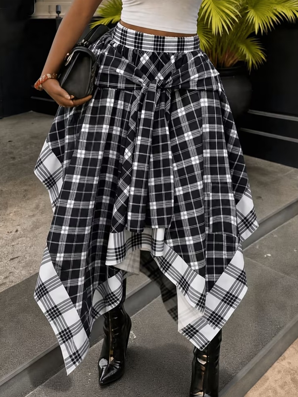Women's High-Waist Loose Fit Tie-Up Plaid Skirt, Multi-Color Block Plaid Pattern